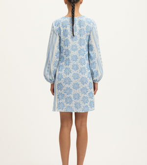 Back view of the Deborah Waffle Mini Dress in Bright White and Blue by Summery Copenhagen – lightweight cotton mini with embroidered detail, ideal for mums during pregnancy and breastfeeding