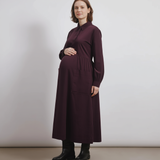 Cord Placket Midi Dress Burgundy Maternity