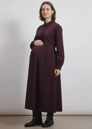 Cord Placket Midi Dress Burgundy Maternity