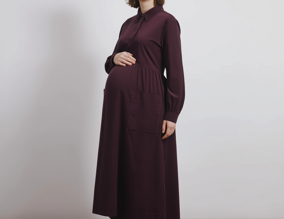 Cord Placket Midi Dress Burgundy Maternity