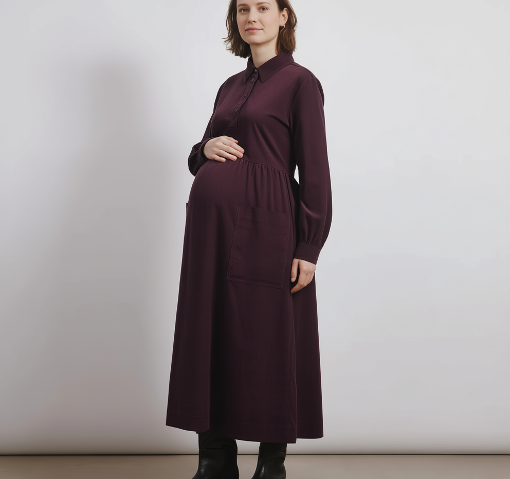 Cord Placket Midi Dress Burgundy Maternity