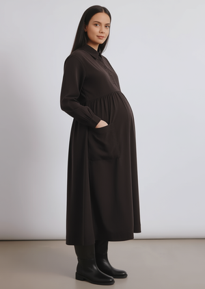 Cord Placket Midi Dress Chocolate Maternity