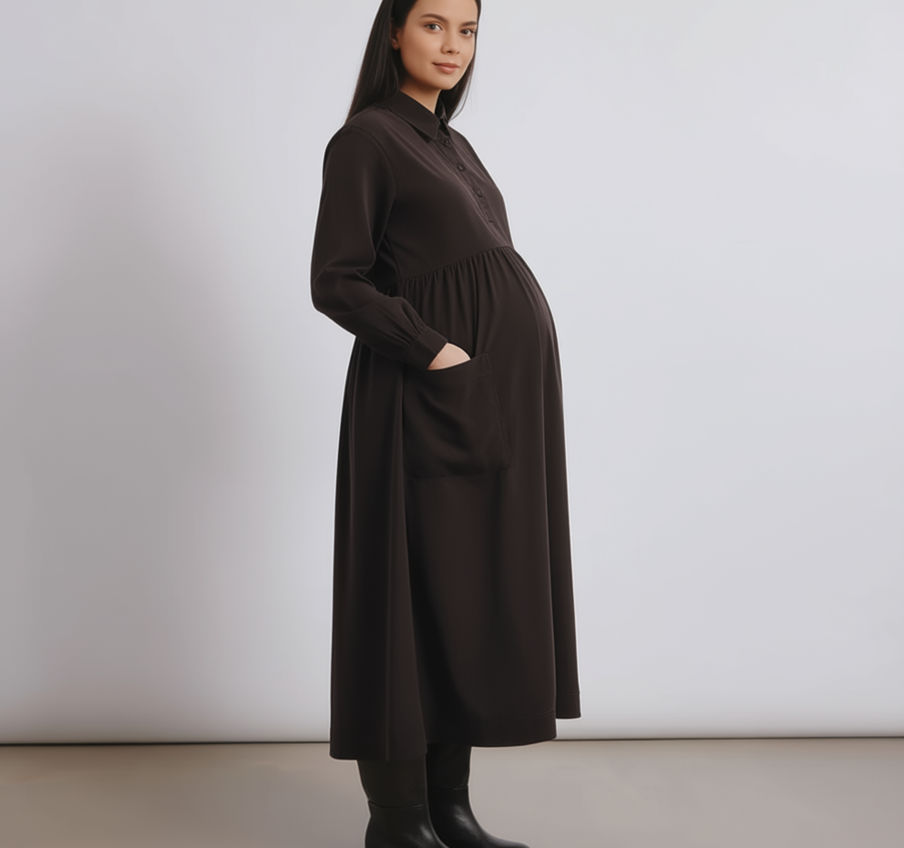 Cord Placket Midi Dress Chocolate Maternity
