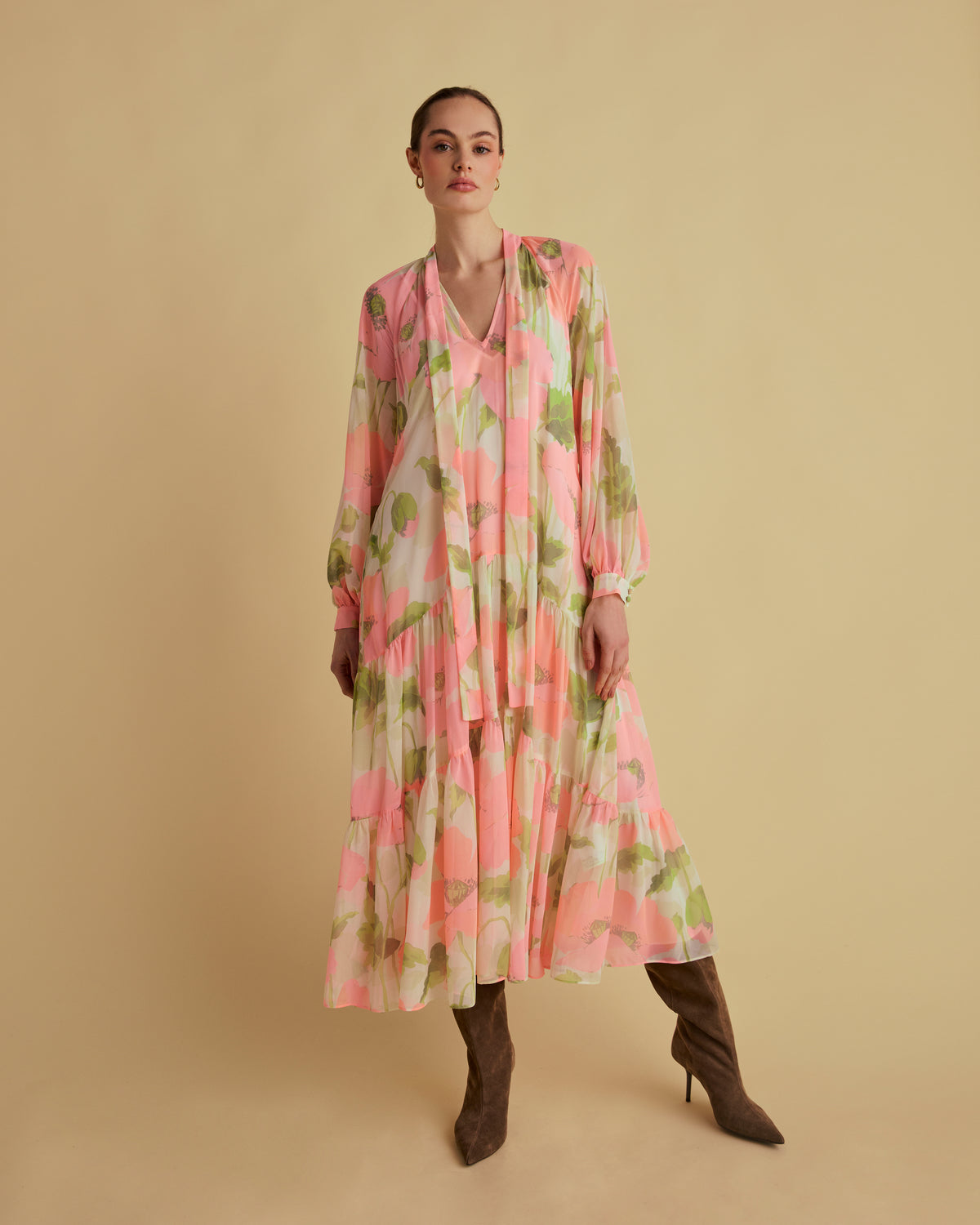 Tie Neck Maternity Midi Dress