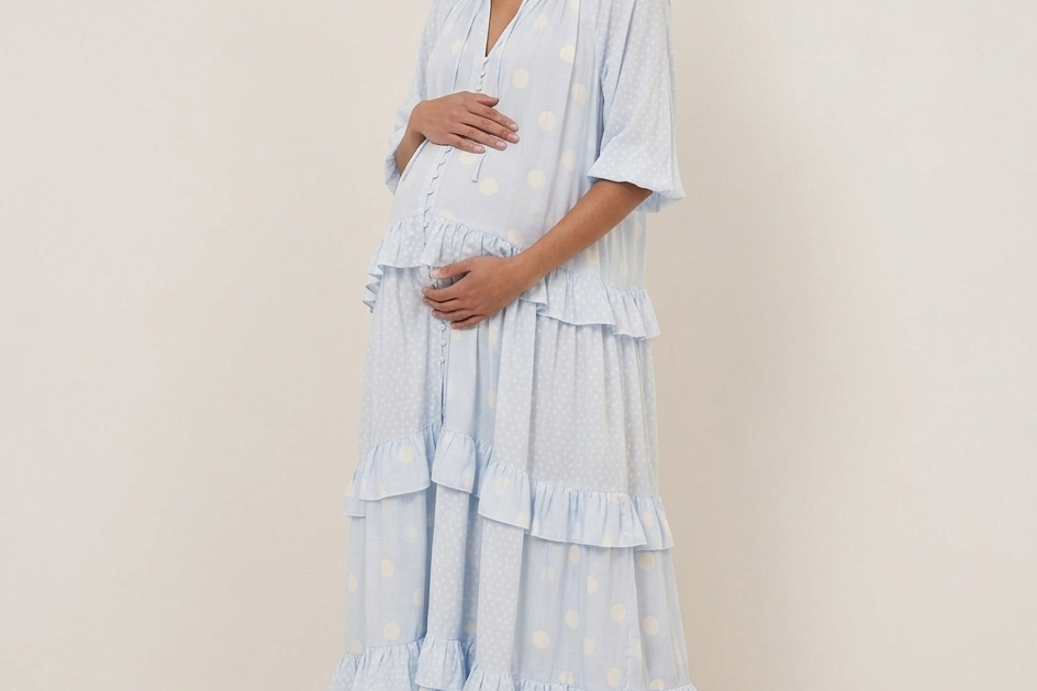 Dott Ruffle Neck Light Blue Maxi Maternity Dress For The Creators Dott Ruffle Neck Light Blue Maxi Maternity Dress For The Creators