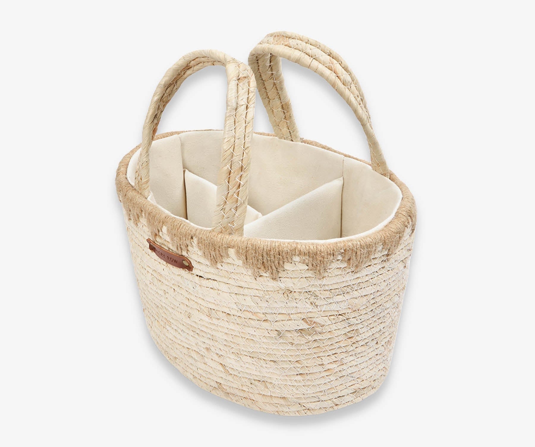 Woven basket with handles on a white background