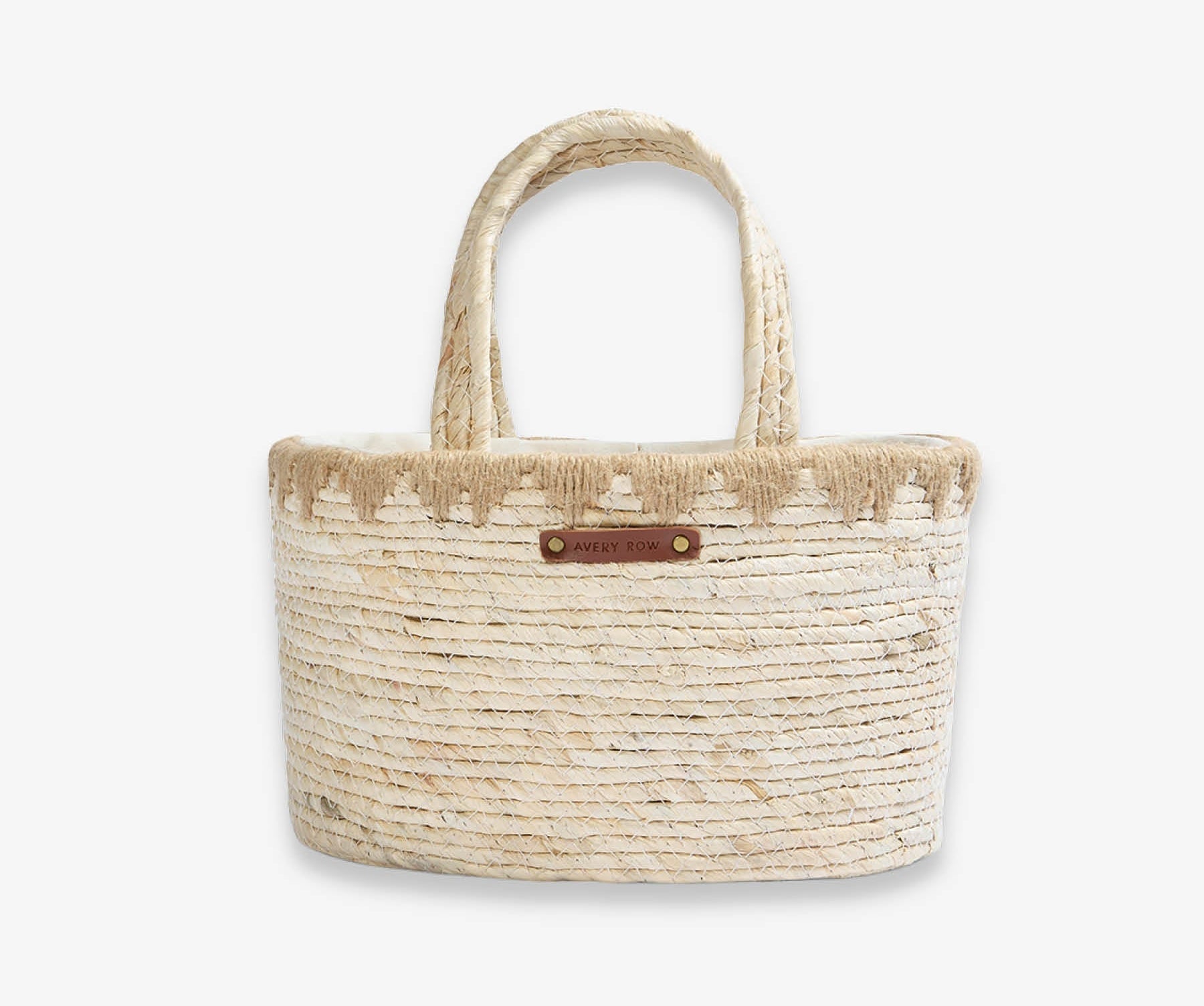 Woven handbag with a handle on a white background