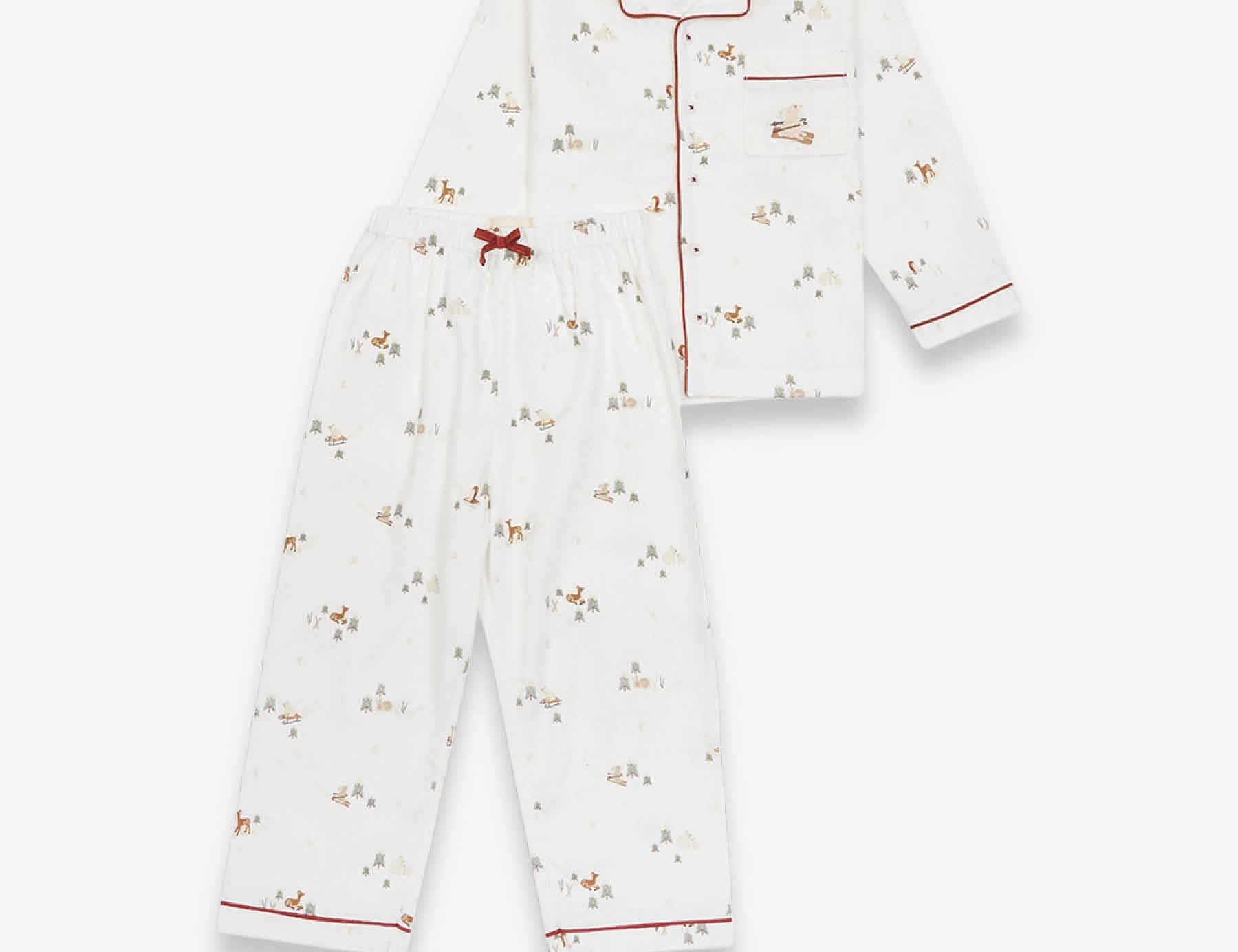 White baby onesie with red trim and small prints on a white background