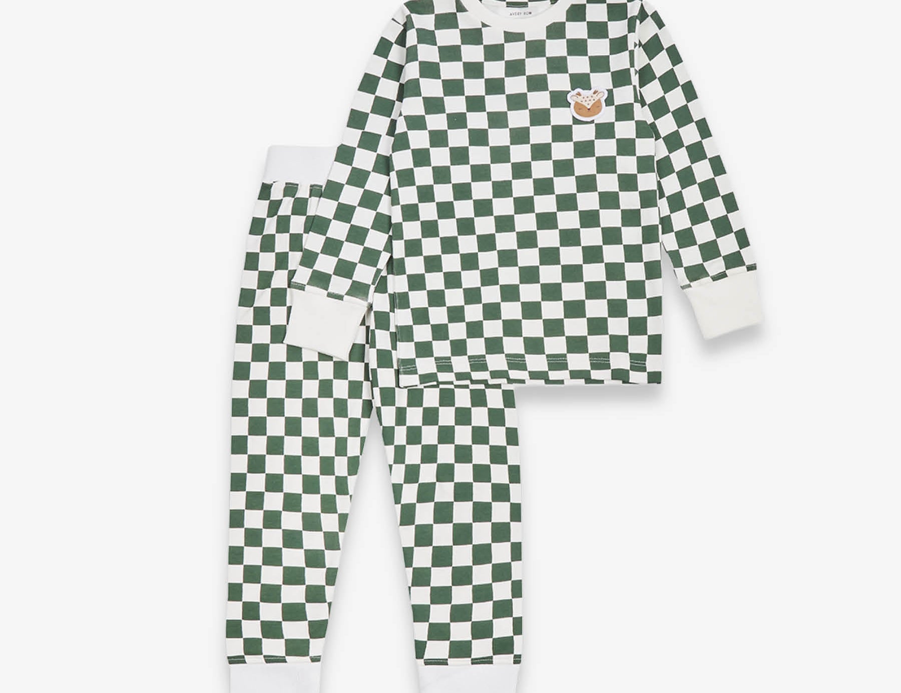 Green and white checkered pajama set on a white background