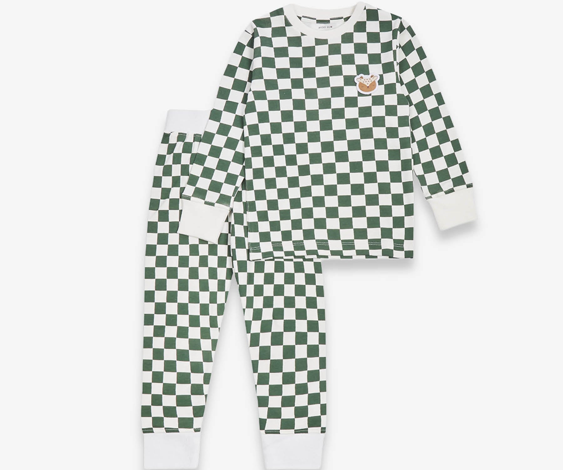 Green and white checkered pajama set on a white background