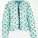 Green floral-patterned long-sleeve jacket on a white background