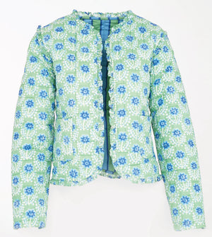 Green floral-patterned long-sleeve jacket on a white background