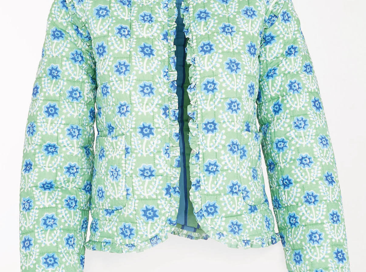 Green floral-patterned long-sleeve jacket on a white background
