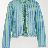 Green and blue striped jacket with floral details on a white background