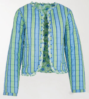 Green and blue striped jacket with floral details on a white background