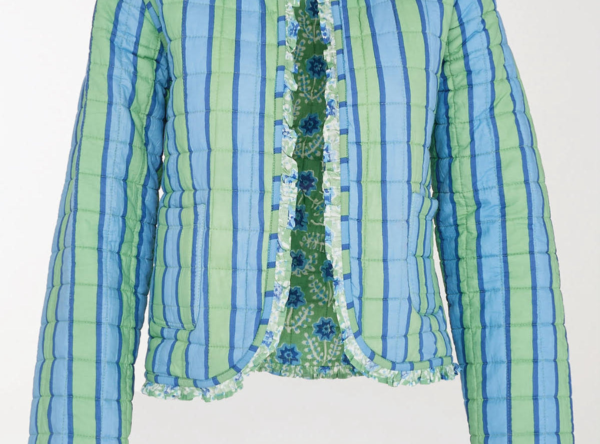 Green and blue striped jacket with floral details on a white background