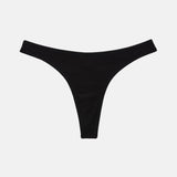 A pair of black bikini bottoms with a low-rise silhouette and side-cut legs, displayed flat against a light gray background.