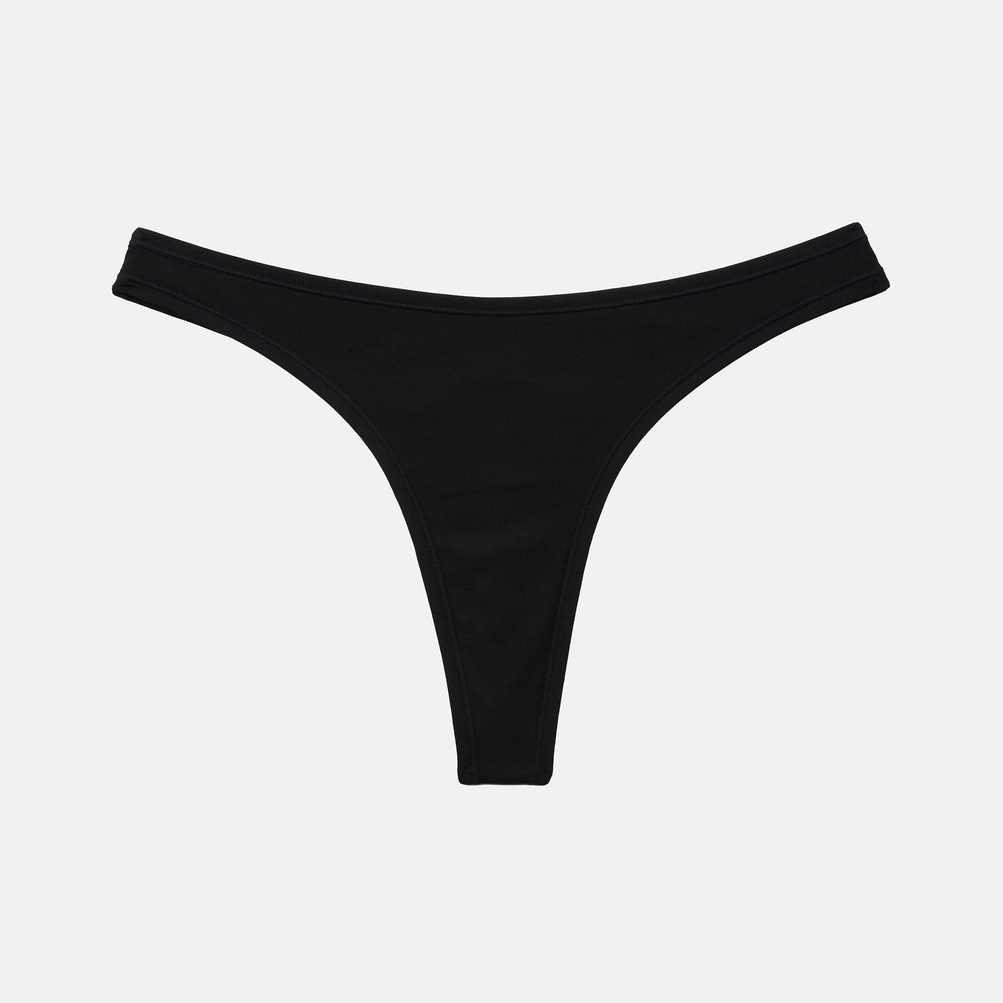 A pair of black bikini bottoms with a low-rise silhouette and side-cut legs, displayed flat against a light gray background.