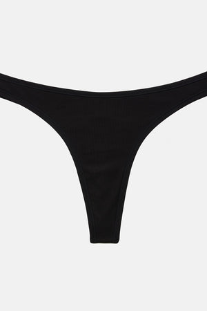 A pair of black bikini bottoms with a low-rise silhouette and side-cut legs, displayed flat against a light gray background.