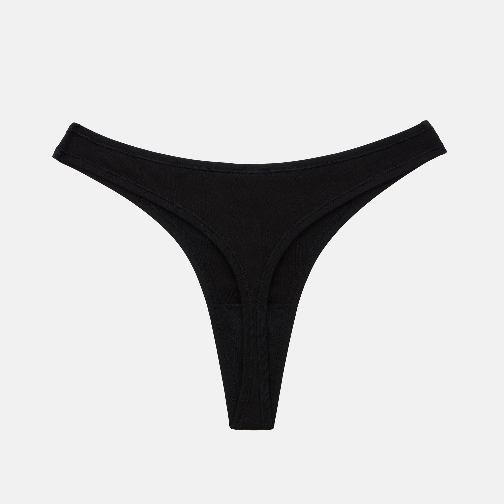 Black ribbed thong underwear with a high waistband, shown flat against a light gray background.