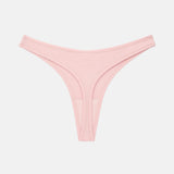 A light pink ribbed thong-style bikini bottom with a wide waistband and minimal side straps, shown flat against a light gray background.