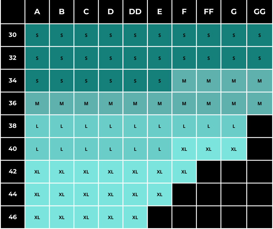 Grid chart with size labels and symbols on a teal and black background