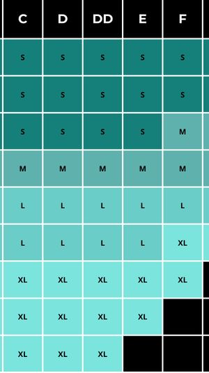 Grid chart with size labels and symbols on a teal and black background