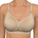 Beige bra worn by a model on a white background