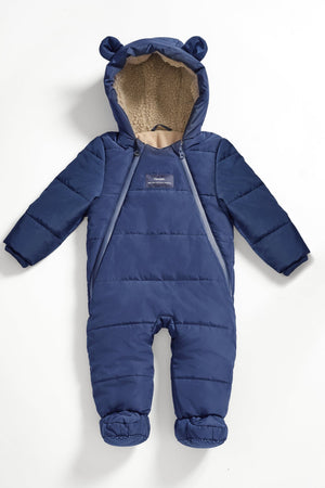 Anders Eco Snowsuit in navy, front view laid flat showing bear-ear hood, cream fleece lining and two front zips