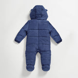 Anders Eco Snowsuit in navy, back view laid flat showing the quilted panels, hood and footed legs