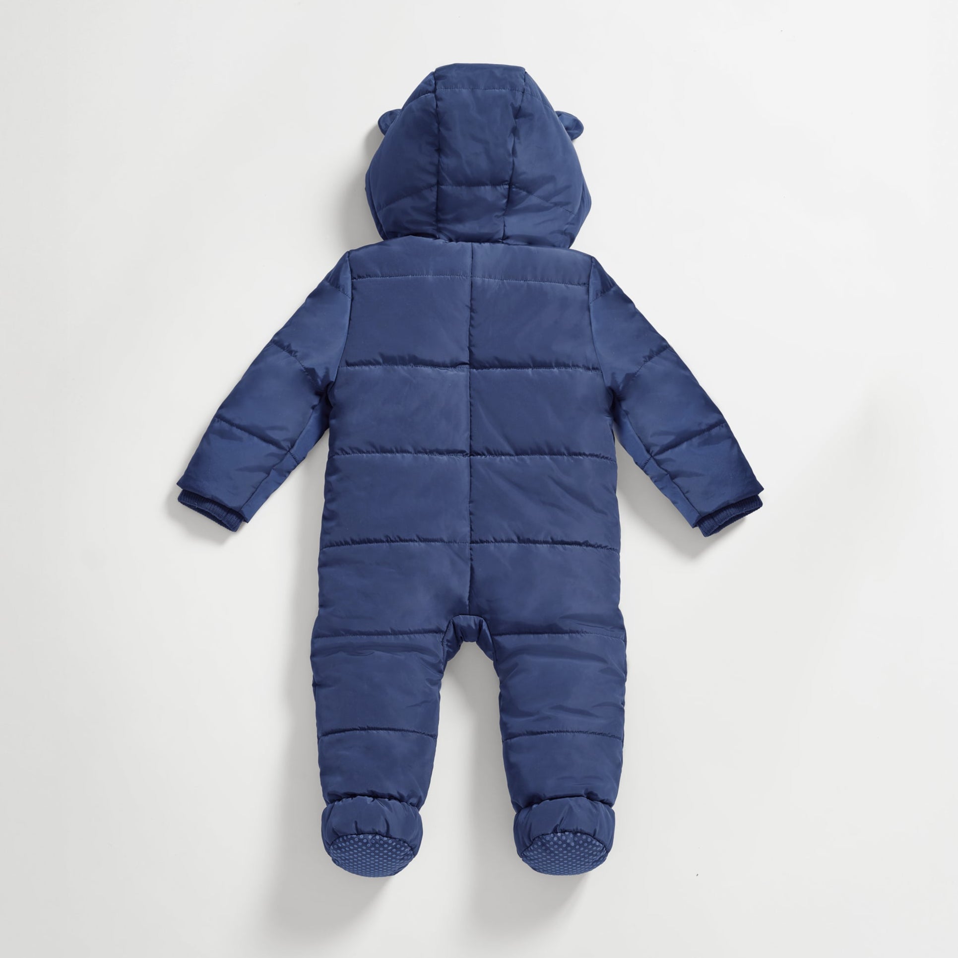 Anders Eco Snowsuit in navy, back view laid flat showing the quilted panels, hood and footed legs