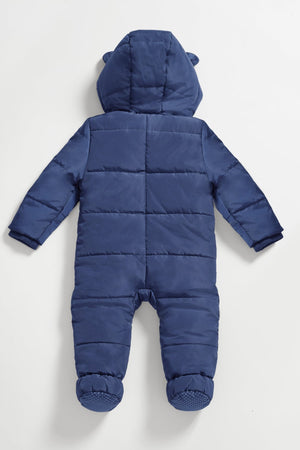 Anders Eco Snowsuit in navy, back view laid flat showing the quilted panels, hood and footed legs