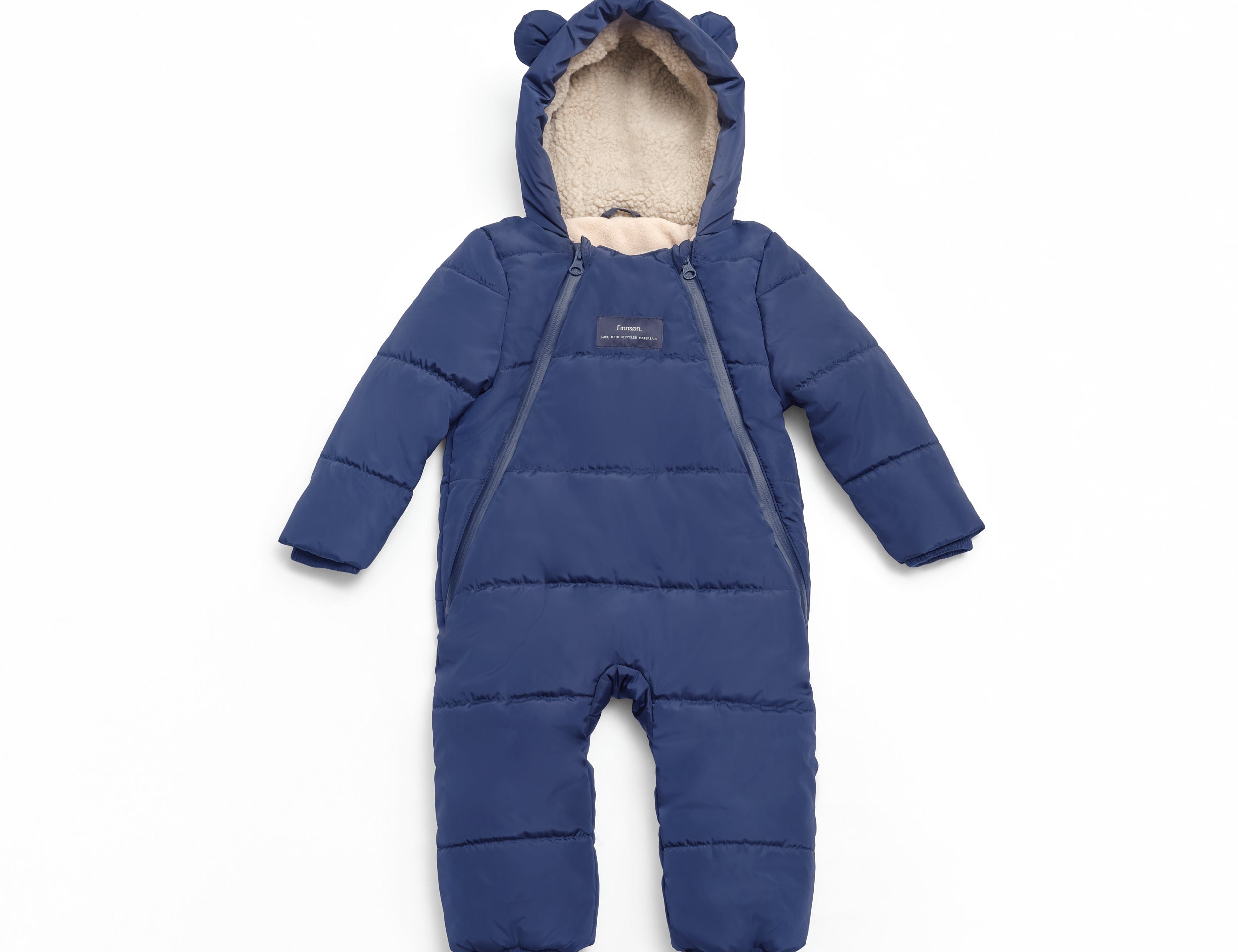 Anders Eco Snowsuit Navy, front view laid flat with bear-ear hood, fleecy lining and two diagonal zips