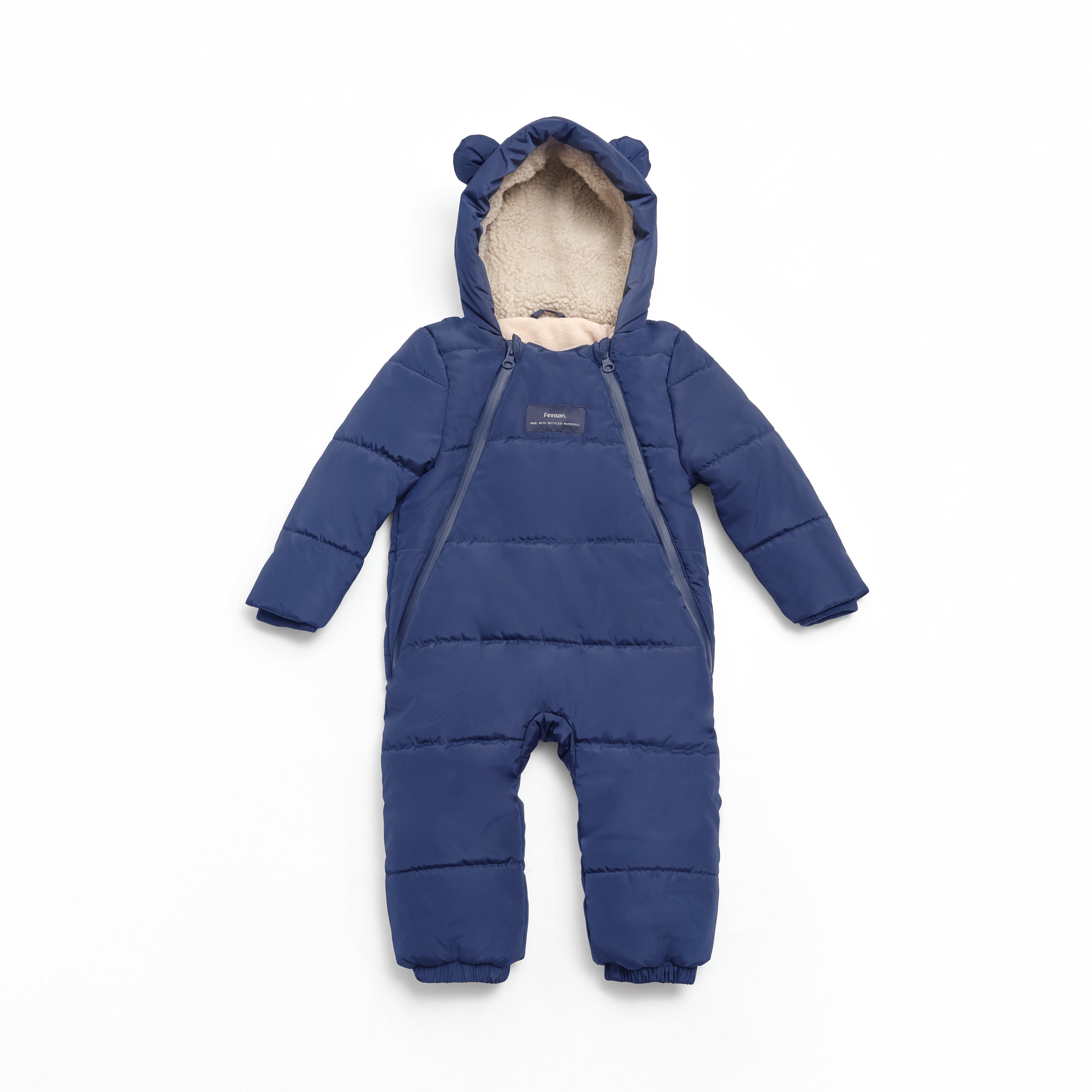 Anders Eco Snowsuit Navy, front view laid flat with bear-ear hood, fleecy lining and two diagonal zips