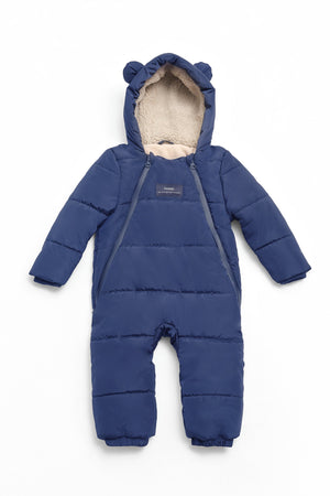 Anders Eco Snowsuit Navy, front view laid flat with bear-ear hood, fleecy lining and two diagonal zips