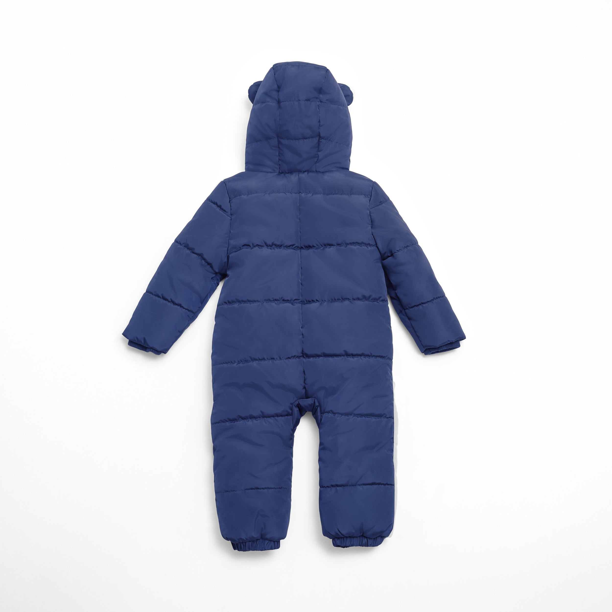 Anders Eco Snowsuit Navy, back view laid flat showing the quilted panels and hood with bear ears