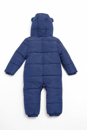 Anders Eco Snowsuit Navy, back view laid flat showing the quilted panels and hood with bear ears
