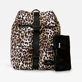 Elise Eco Changing Backpack Leopard, front view with black buckle strap and folded black changing mat beside it