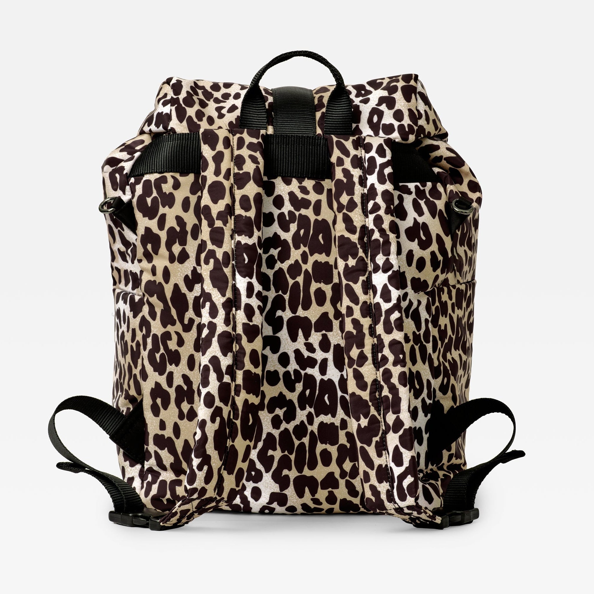 Elise Eco Changing Backpack Leopard, back view showing padded shoulder straps and top carry handle