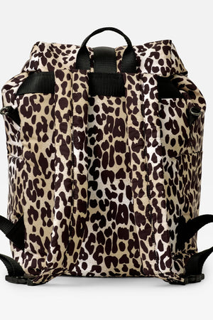 Elise Eco Changing Backpack Leopard, back view showing padded shoulder straps and top carry handle