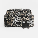 Freya Eco Oversized Stroller Organiser in Leopard: front view with black crossbody strap and two stroller clips