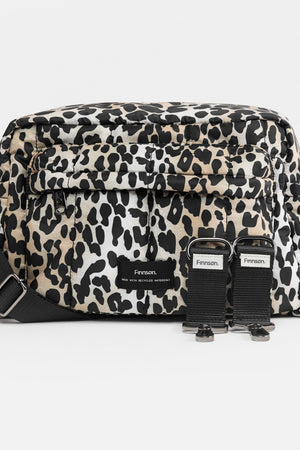 Freya Eco Oversized Stroller Organiser in Leopard: front view with black crossbody strap and two stroller clips