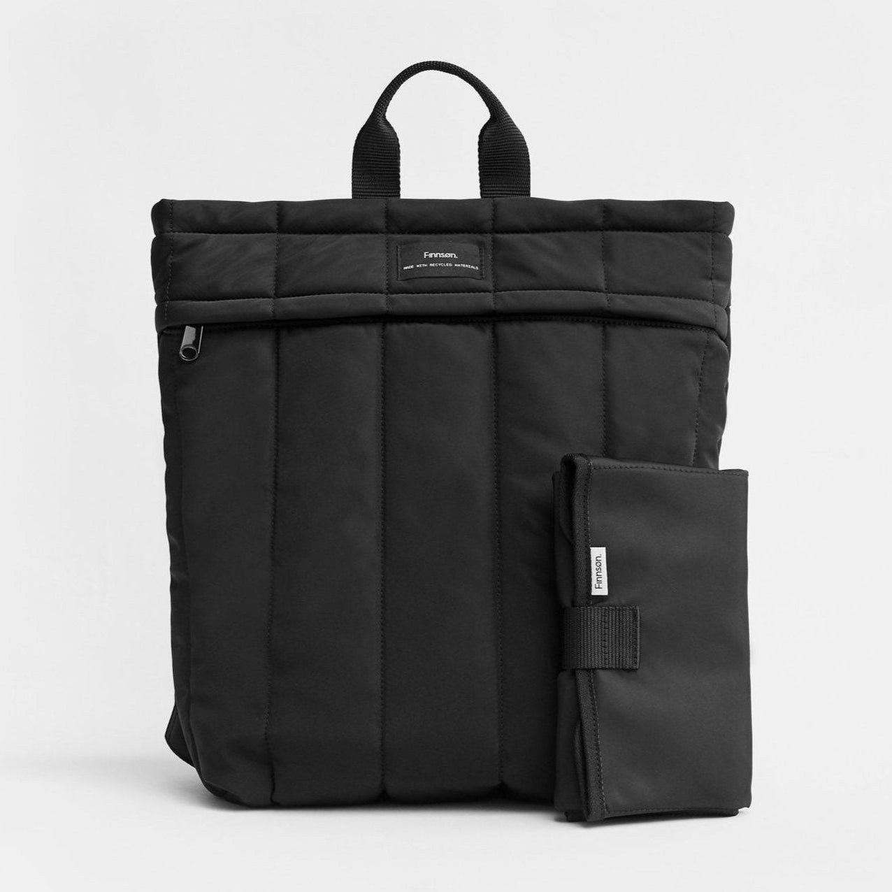 Black backpack with a smaller black bag on a white background