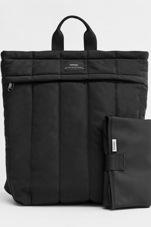 Black backpack with a smaller black bag on a white background