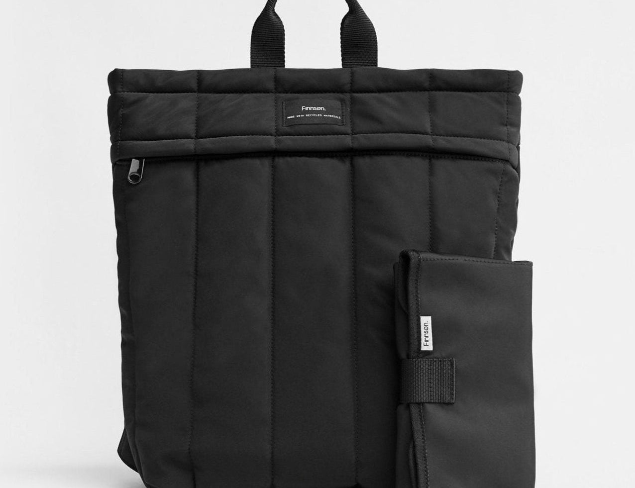 Black backpack with a smaller black bag on a white background