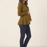 Rib Knit Peplum Khaki Jumper side view on a smiling pregnant woman holding her bump, with dark jeans
