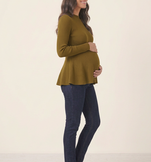 Rib Knit Peplum Khaki Jumper side view on a smiling pregnant woman holding her bump, with dark jeans