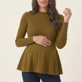 Rib Knit Peplum Khaki Jumper worn by a pregnant woman, front view, one hand on her bump and one raised