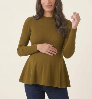 Rib Knit Peplum Khaki Jumper worn by a pregnant woman, front view, one hand on her bump and one raised