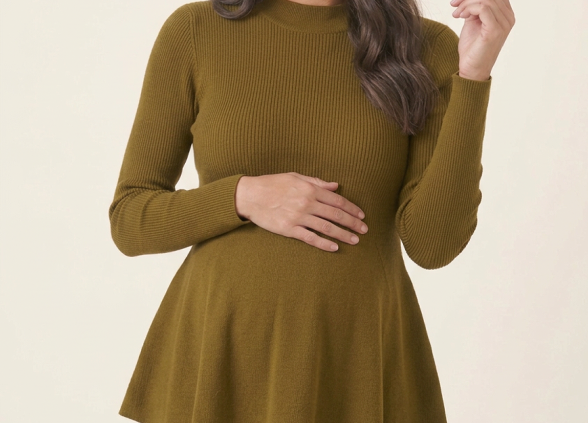 Rib Knit Peplum Khaki Jumper worn by a pregnant woman, front view, one hand on her bump and one raised